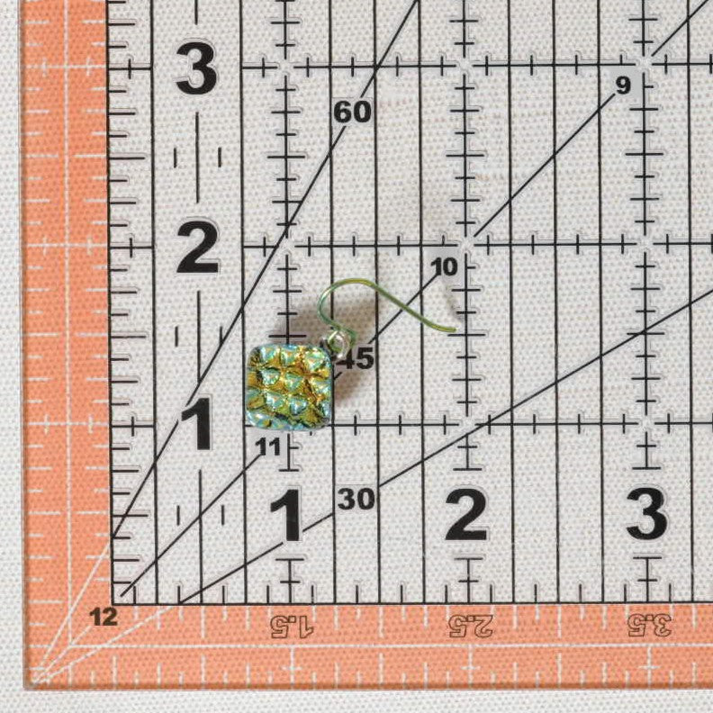 Yellow with Green Scale Pattern Dichroic Glass Earrings