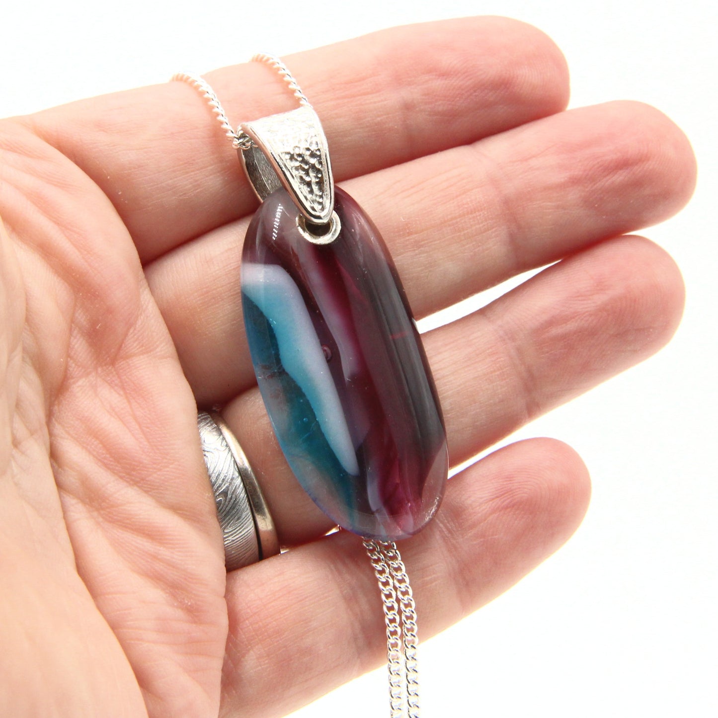 Burgundy, White, and Turquoise Glass Pendant with Silver Accents