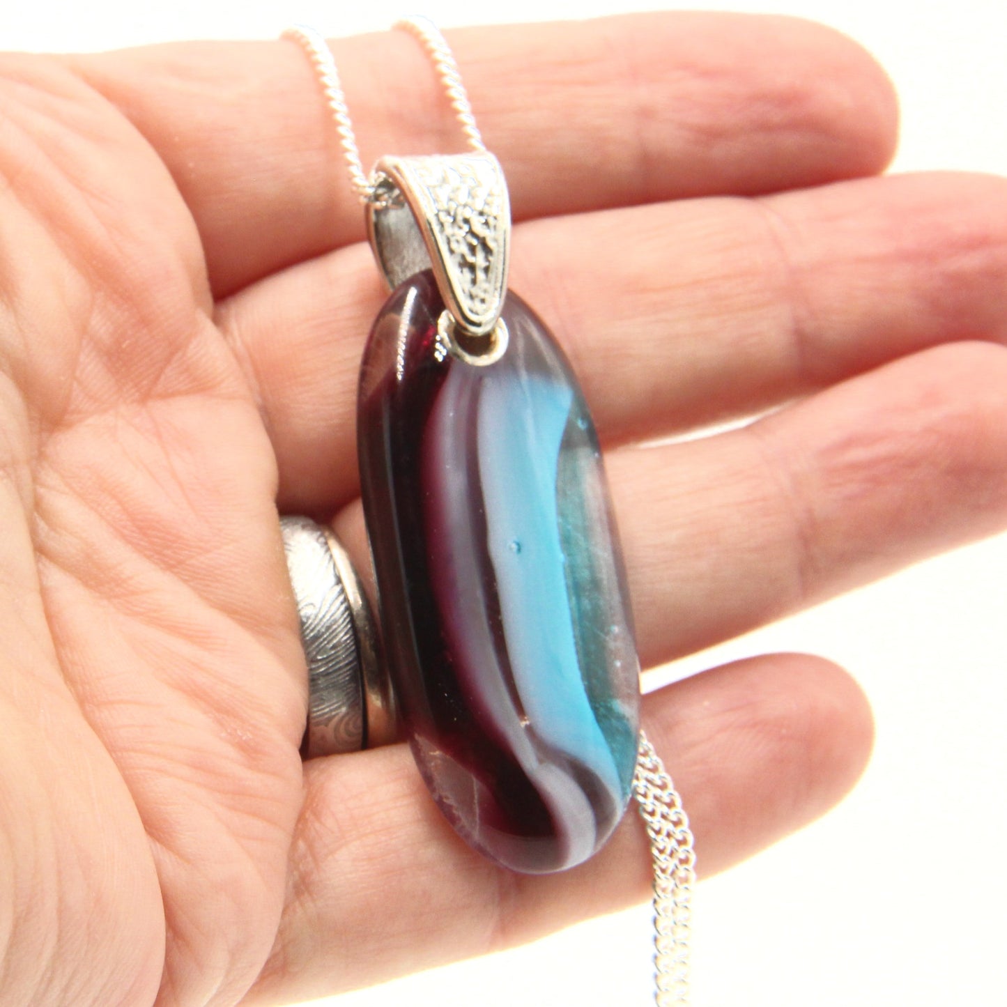 Burgundy, White, and Turquoise Glass Pendant with Silver Accents
