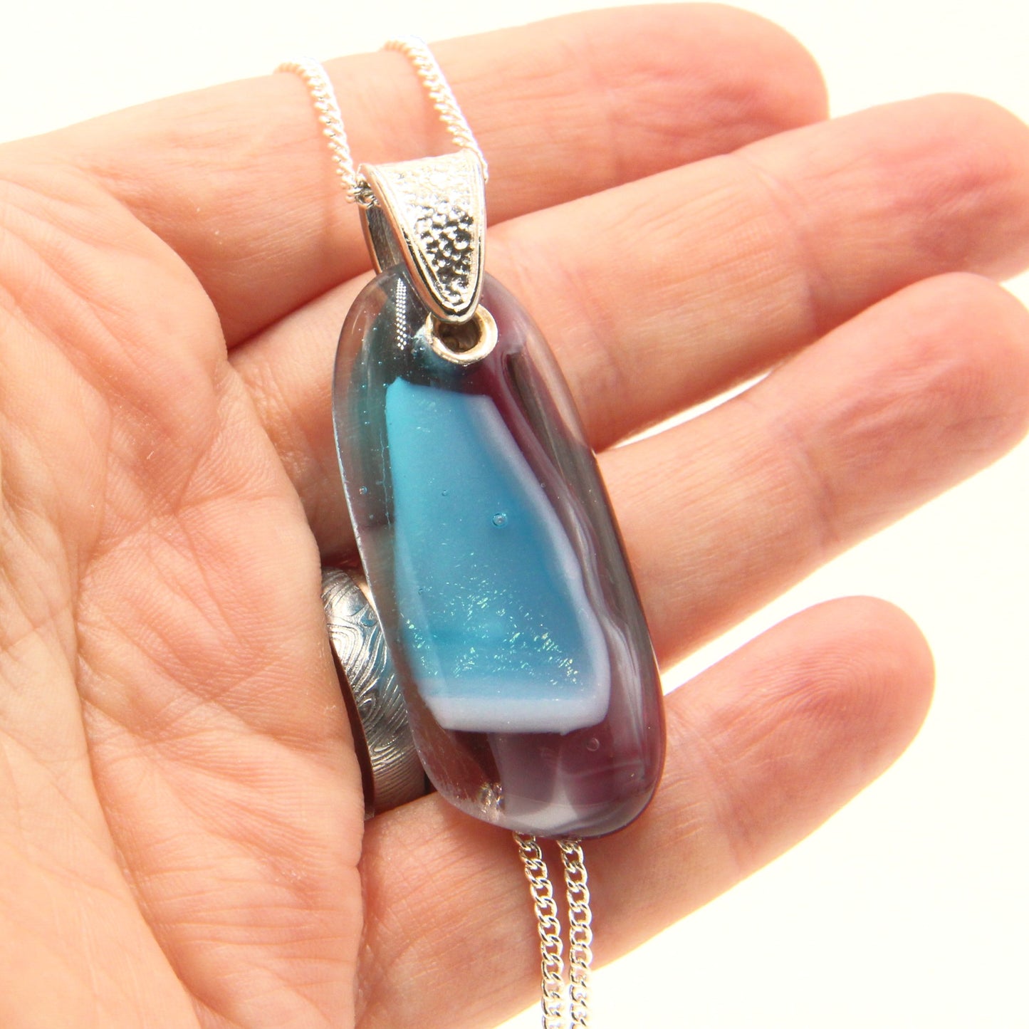 Burgundy, White, and Turquoise Glass Pendant with Silver Accents