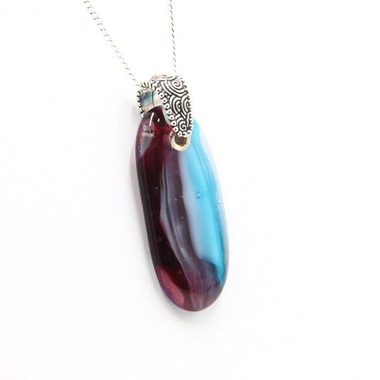 Burgundy, White, and Turquoise Glass Pendant with Silver Accents