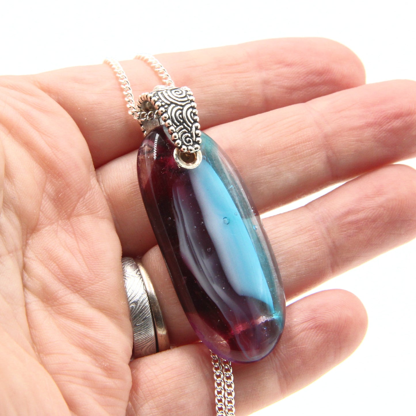 Burgundy, White, and Turquoise Glass Pendant with Silver Accents
