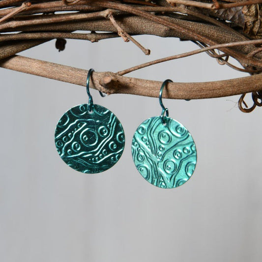 Aqua Blue Anodized Niobium Dangle Earrings with Bubble Pattern