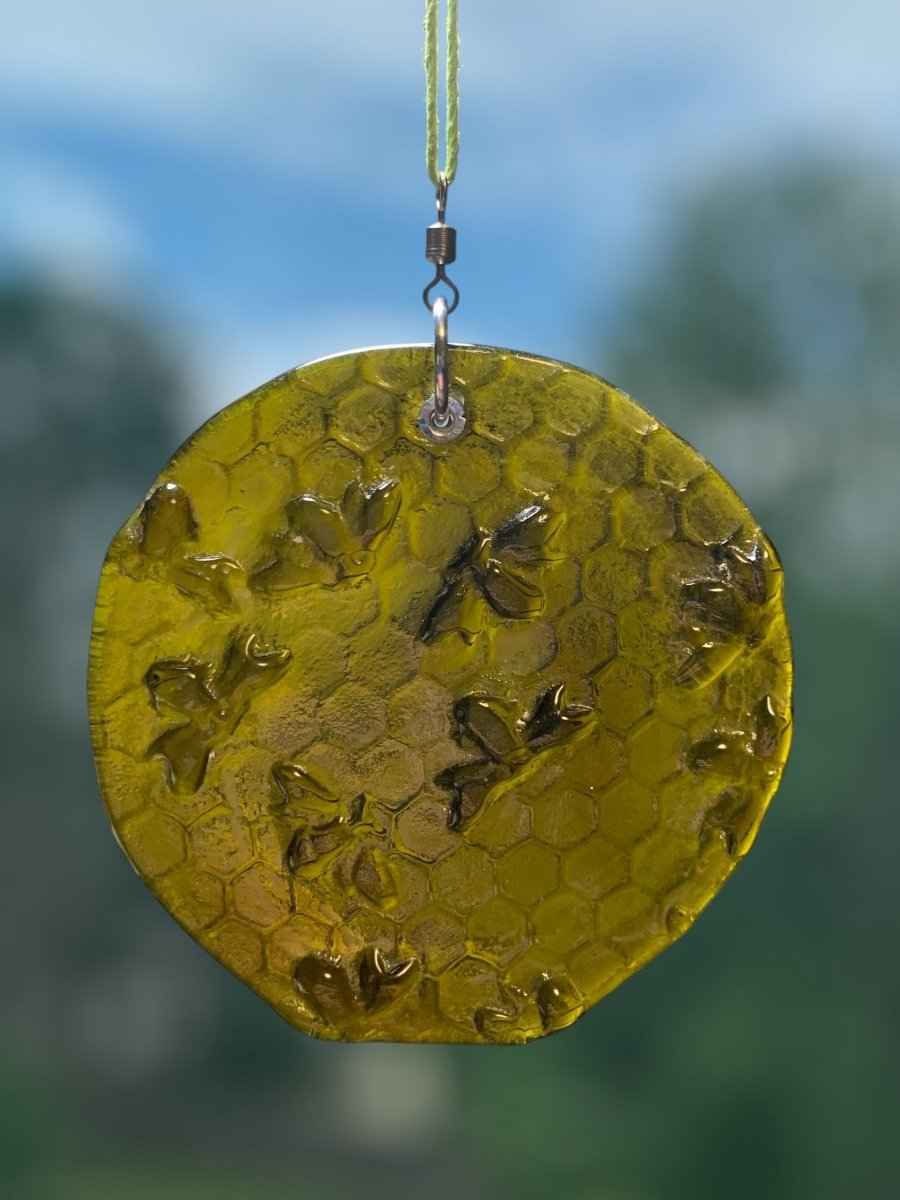 Bees on Honeycomb Suncatcher from Upcycled Wine Bottle
