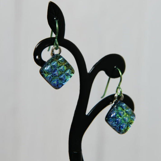 Blue and Green Scale Pattern Dichroic Glass Earrings