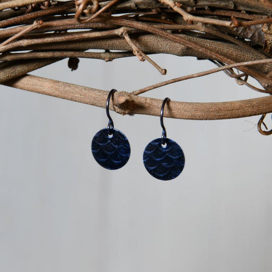 Dark Blue Anodized Niobium Dangle Earrings with Scale Pattern