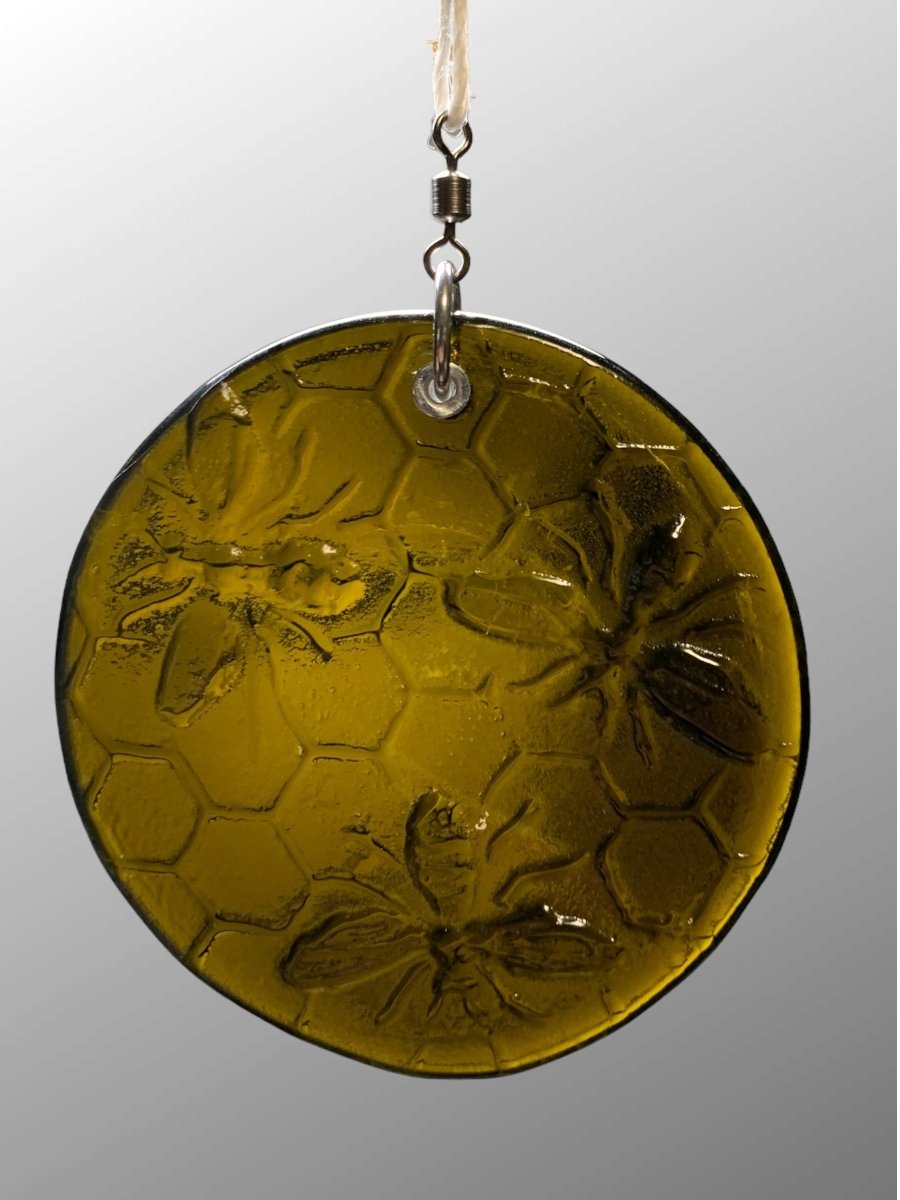 Honeycomb with Small Bees Recycled Bottle Bottom Suncatcher