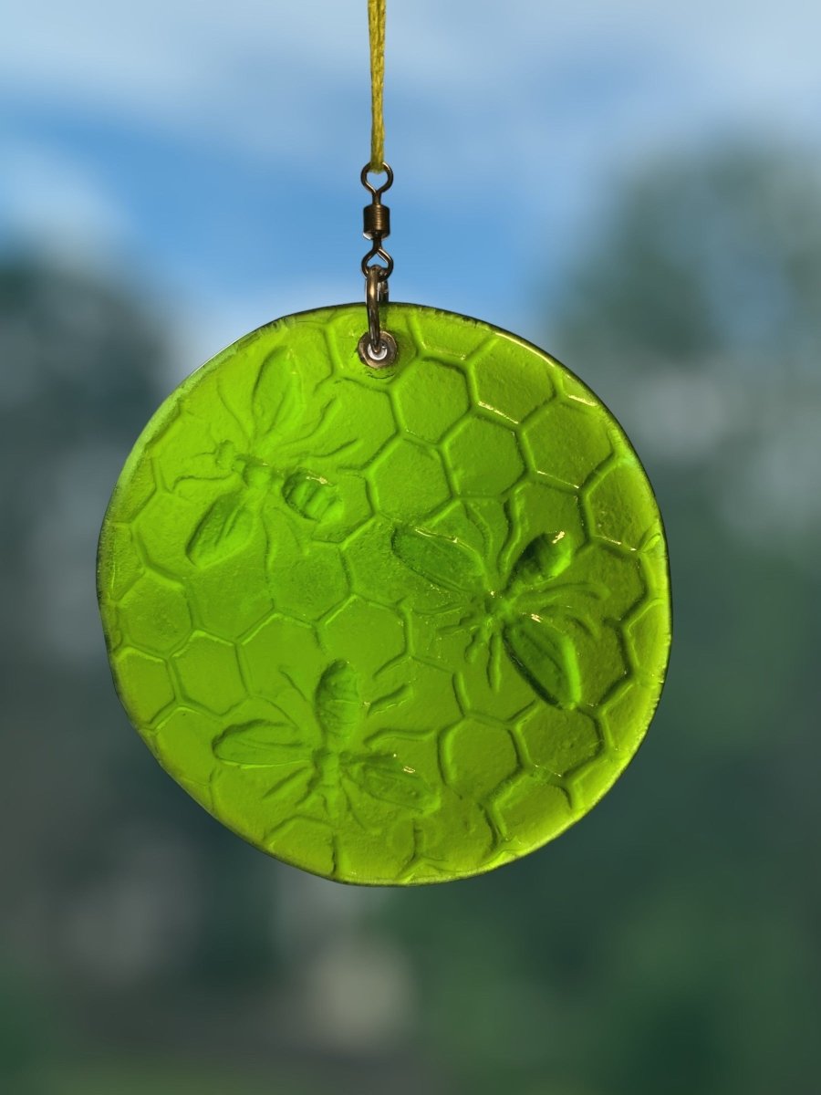 Honeycomb with Small Bees Recycled Bottle Bottom Suncatcher