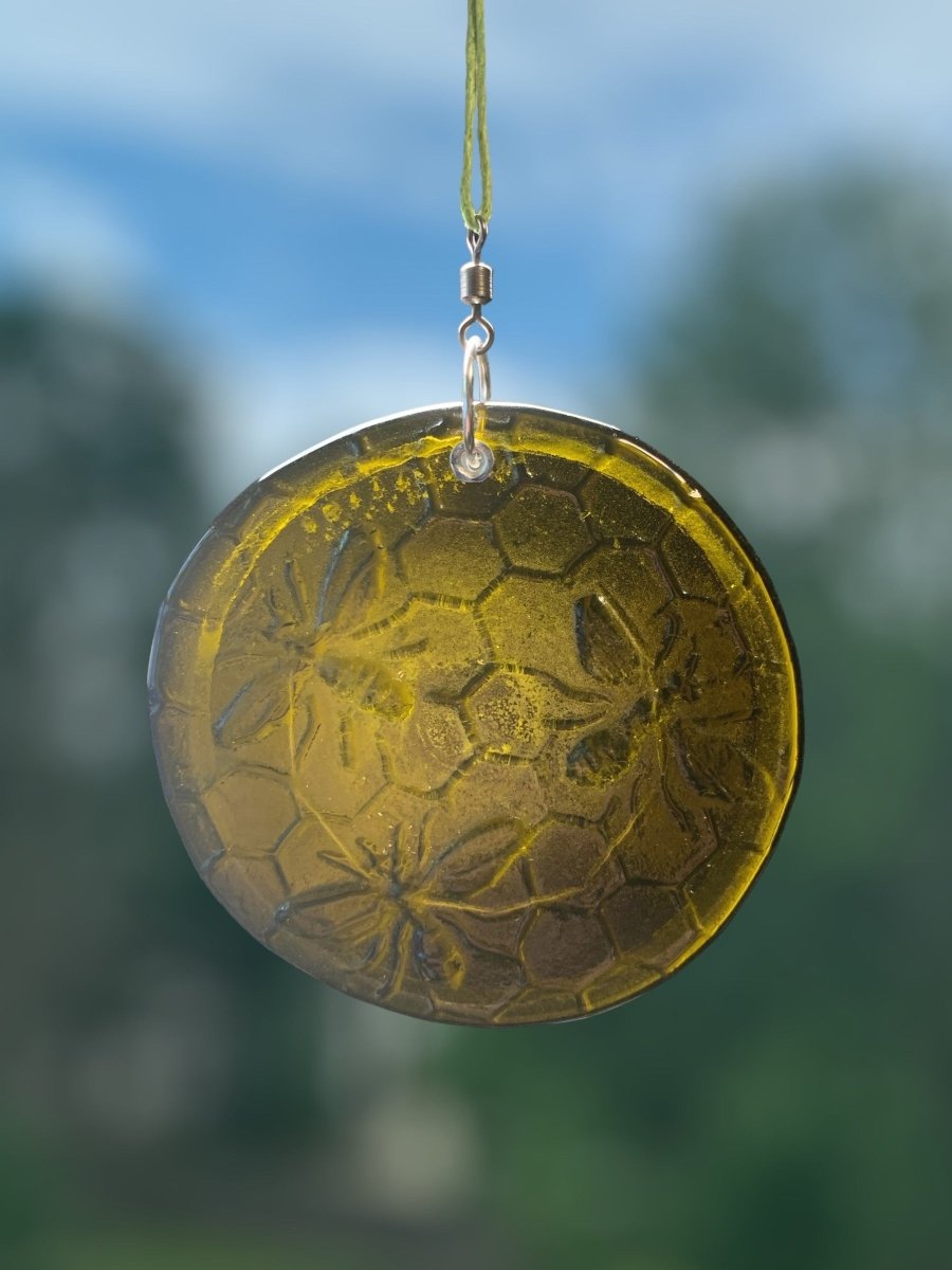 Honeycomb with Small Bees Recycled Bottle Bottom Suncatcher