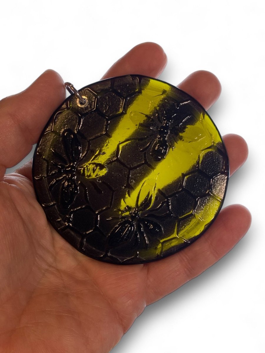 Honeycomb with Small Bees Recycled Bottle Bottom Suncatcher