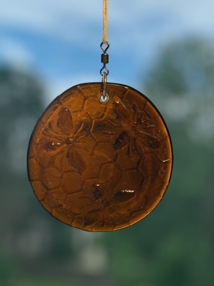 Honeycomb with Small Bees Recycled Bottle Bottom Suncatcher