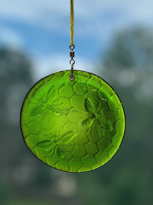 Honeycomb with Small Bees Recycled Bottle Bottom Suncatcher