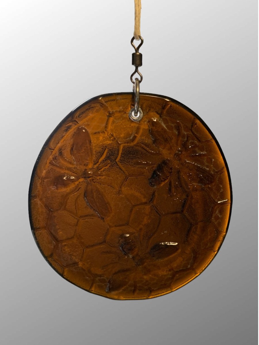 Honeycomb with Small Bees Recycled Bottle Bottom Suncatcher