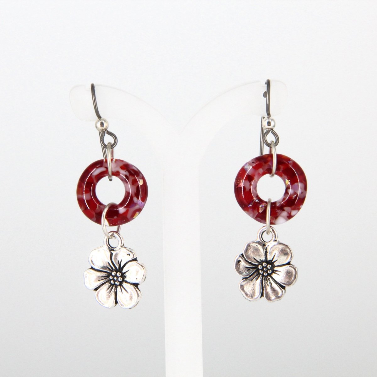 Red Glass Earrings with Silver Accents