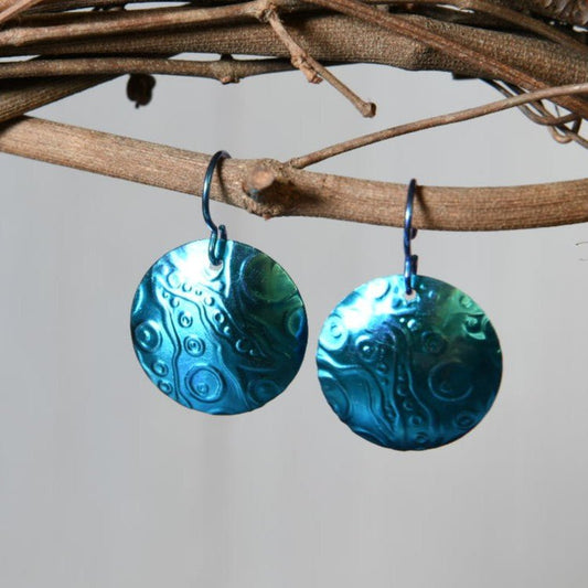 Turquoise Blue Anodized Niobium Dangle Earrings with Bubble Pattern