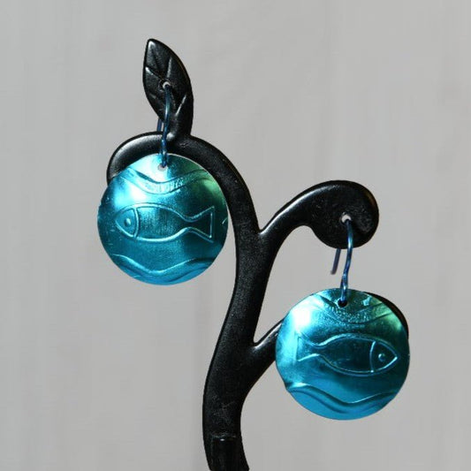 Turquoise Blue Anodized Niobium Dangle Earrings with Fish Pattern