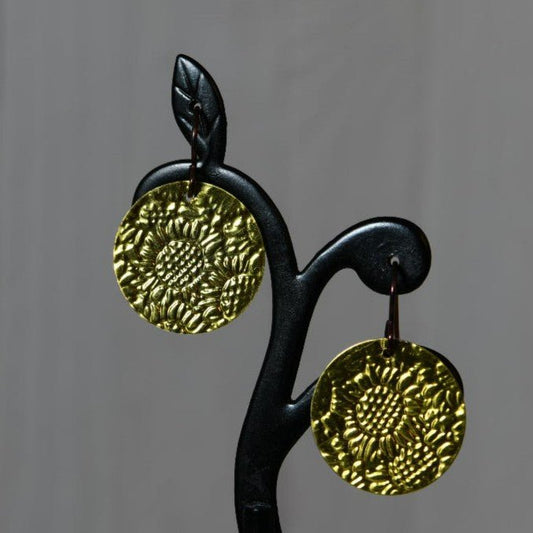 Yellow Anodized Niobium Dangle Earrings with Sunflower Pattern