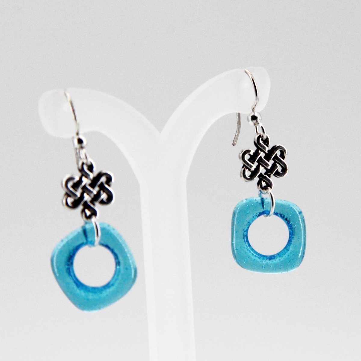 Aqua Blue Glass Earrings with Silver Celtic Eternity Symbol
