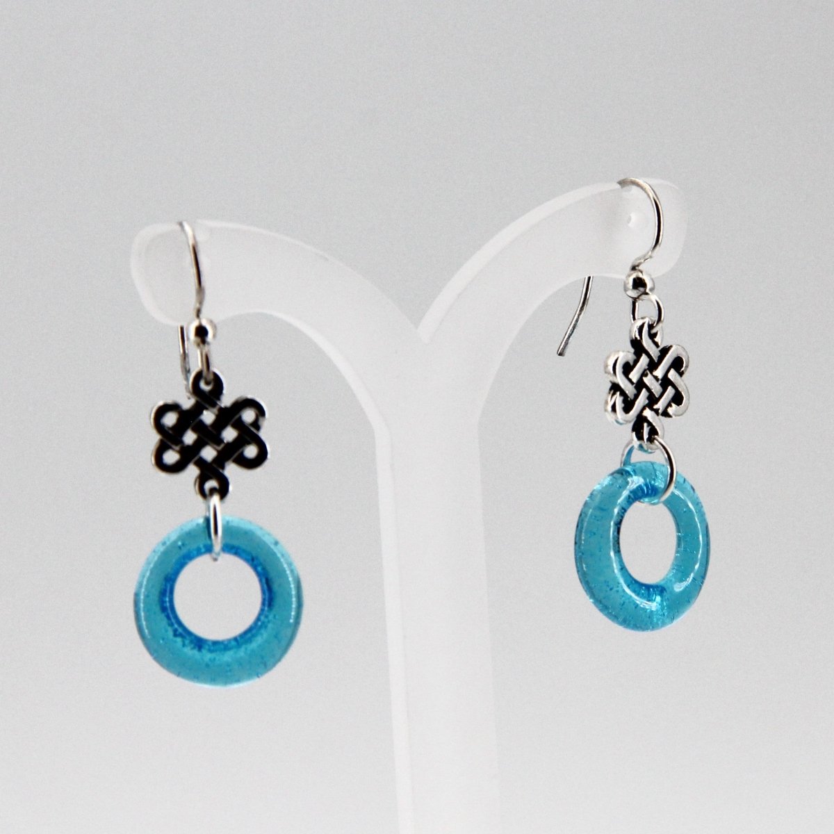 Aqua Blue Glass Earrings with Silver Celtic Eternity Symbol