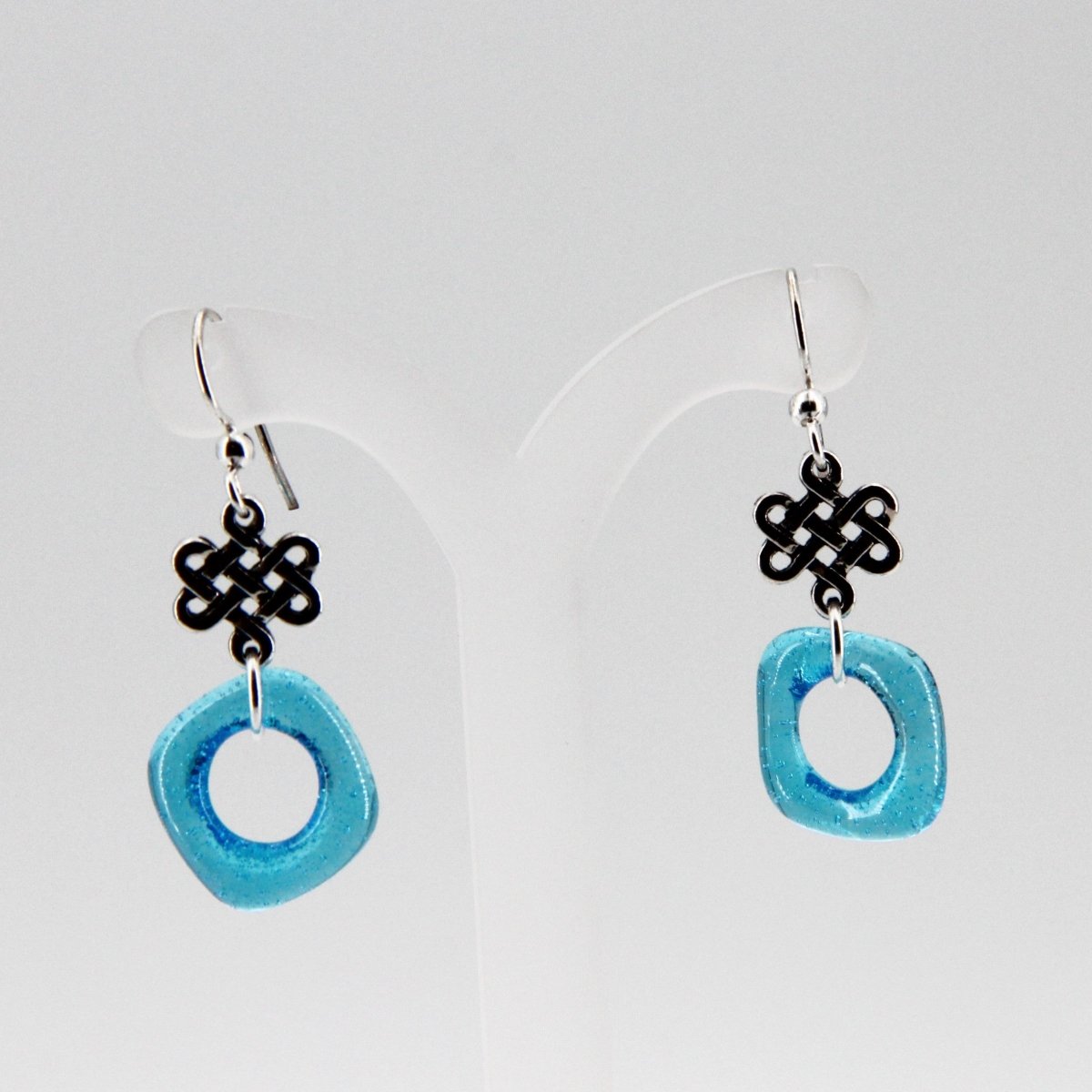 Aqua Blue Glass Earrings with Silver Celtic Eternity Symbol