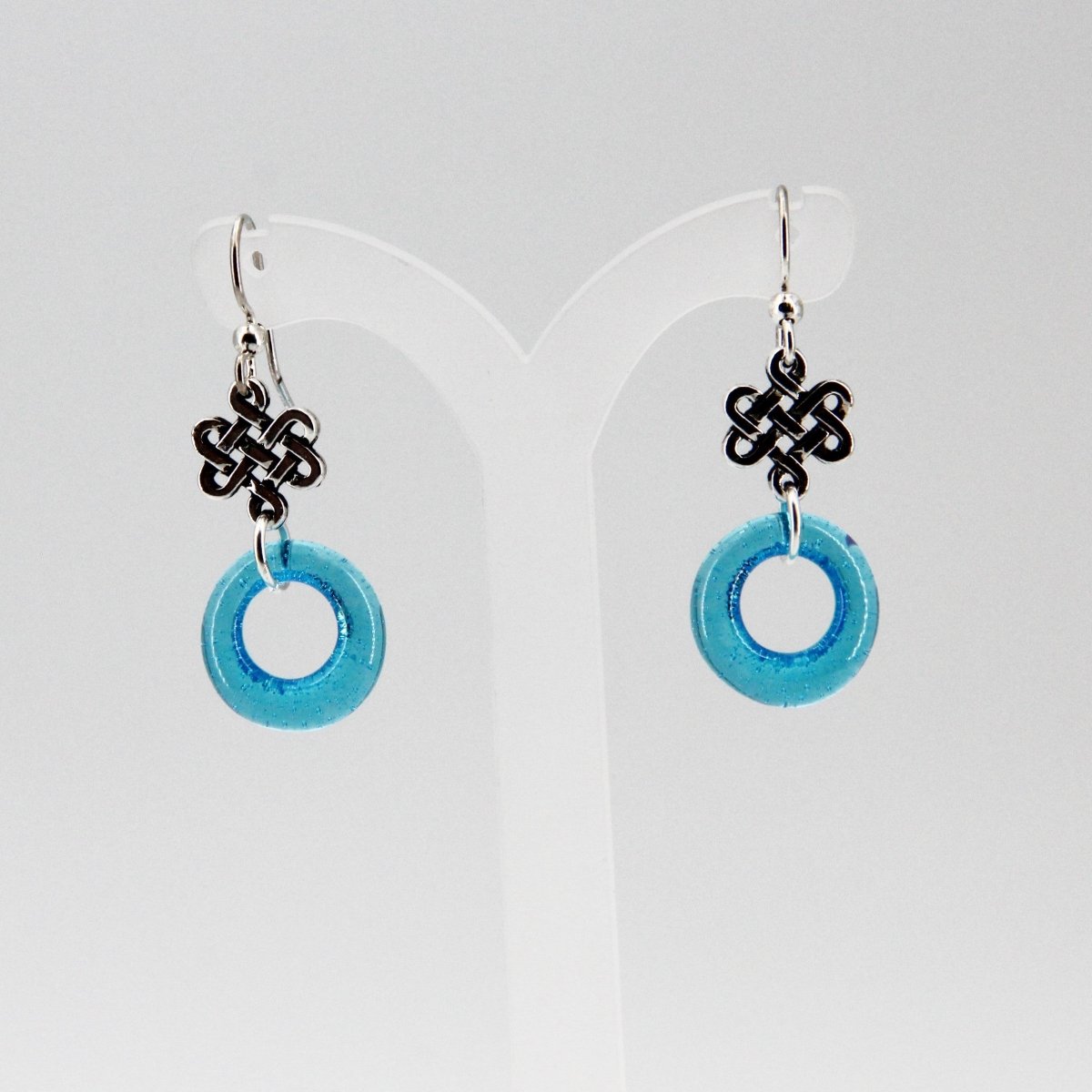 Aqua Blue Glass Earrings with Silver Celtic Eternity Symbol