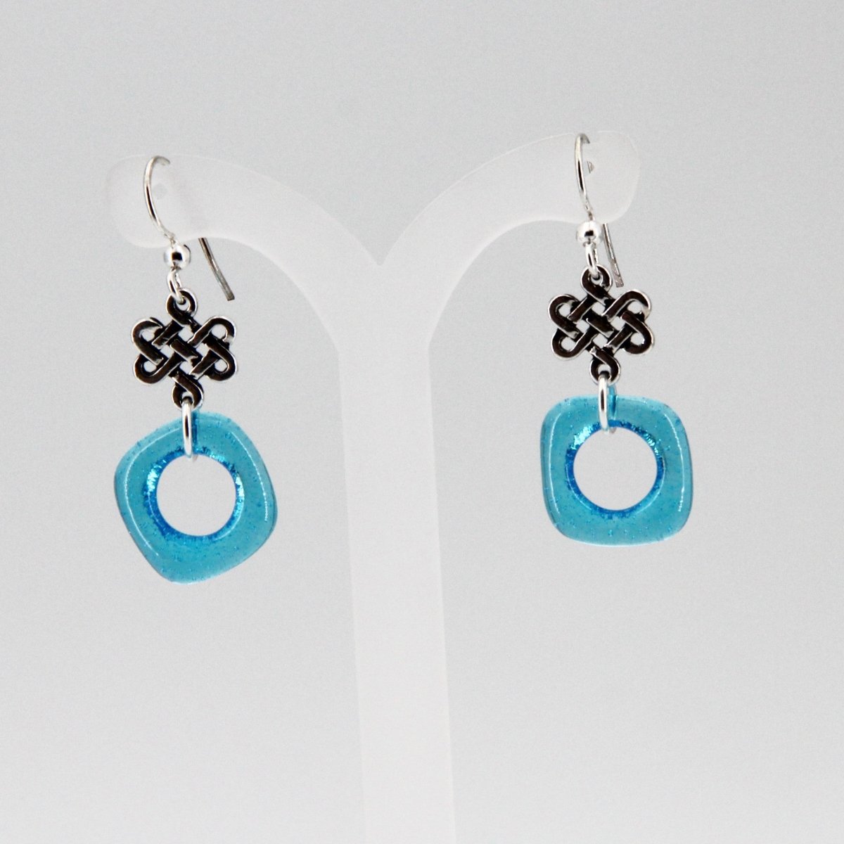 Aqua Blue Glass Earrings with Silver Celtic Eternity Symbol