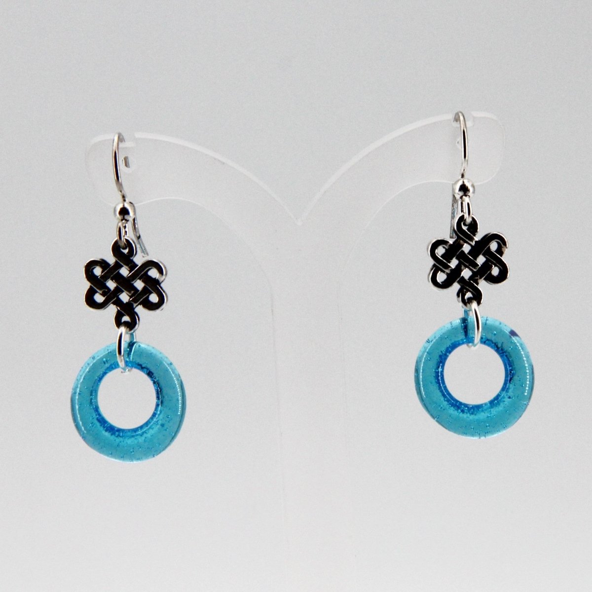 Aqua Blue Glass Earrings with Silver Celtic Eternity Symbol