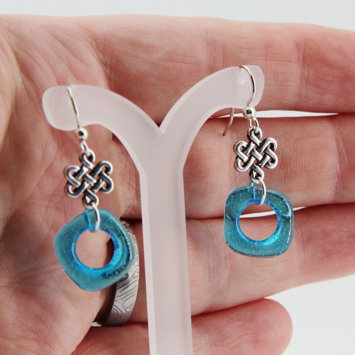 Aqua Blue Glass Earrings with Silver Celtic Eternity Symbol