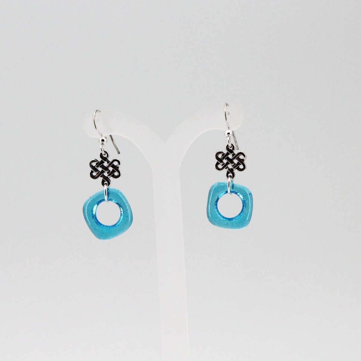 Aqua Blue Glass Earrings with Silver Celtic Eternity Symbol