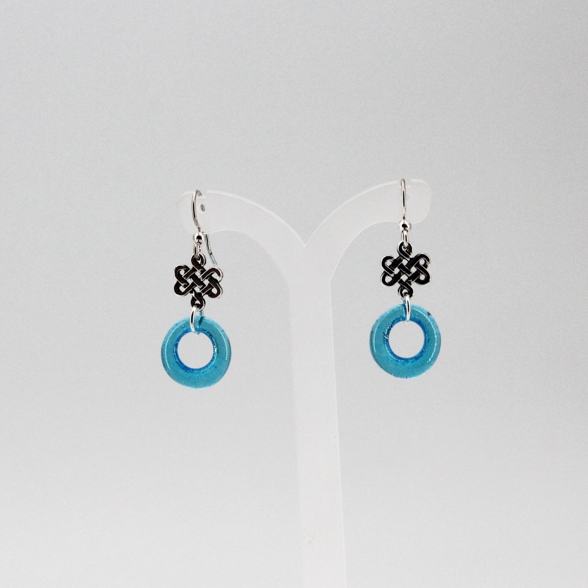 Aqua Blue Glass Earrings with Silver Celtic Eternity Symbol