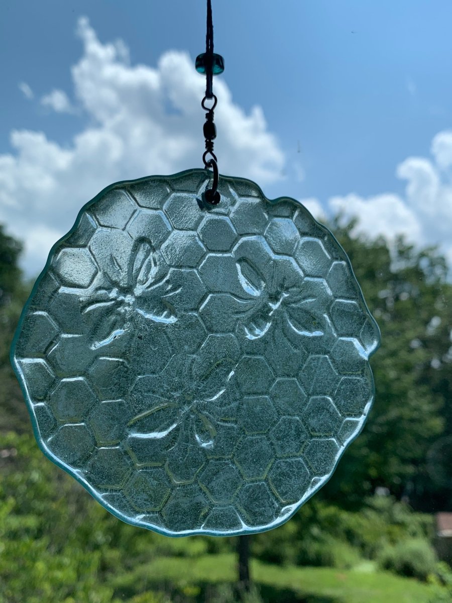 Bee on Honeycomb Suncatcher from Upcycled Wine Bottle