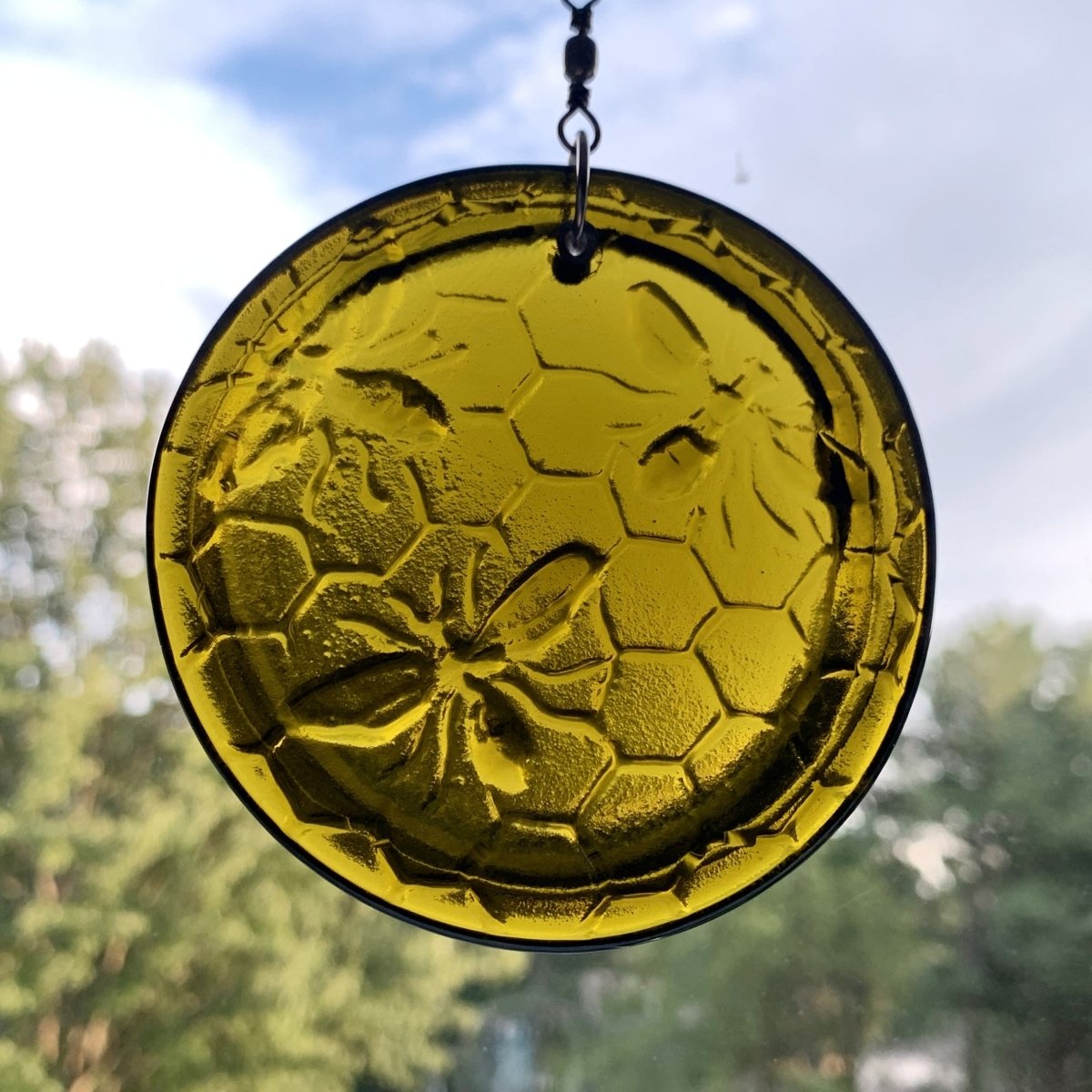 Bee on Honeycomb Suncatcher from Upcycled Wine Bottle