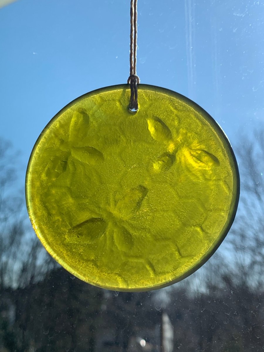 Bee on Honeycomb Suncatcher from Upcycled Wine Bottle