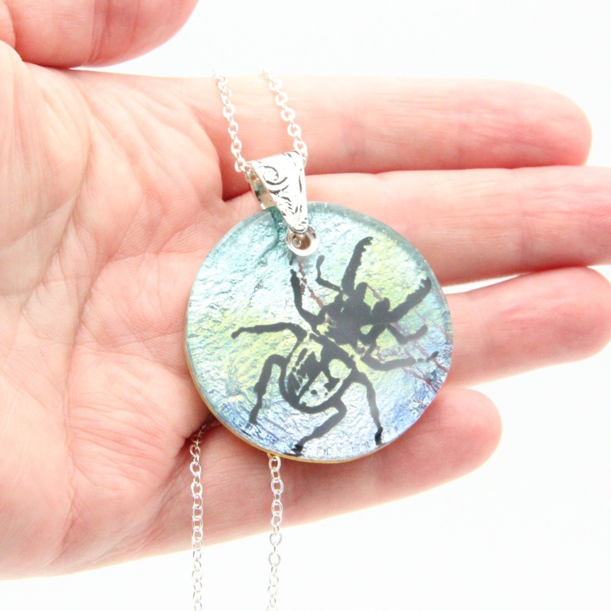 Blue and Green Beetle Glass Pendant on a Silver Chain