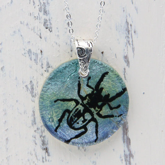 Blue and Green Beetle Glass Pendant on a Silver Chain