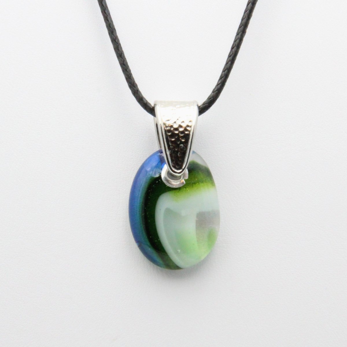 Blue and Green Glass Pendant with Silver Accents