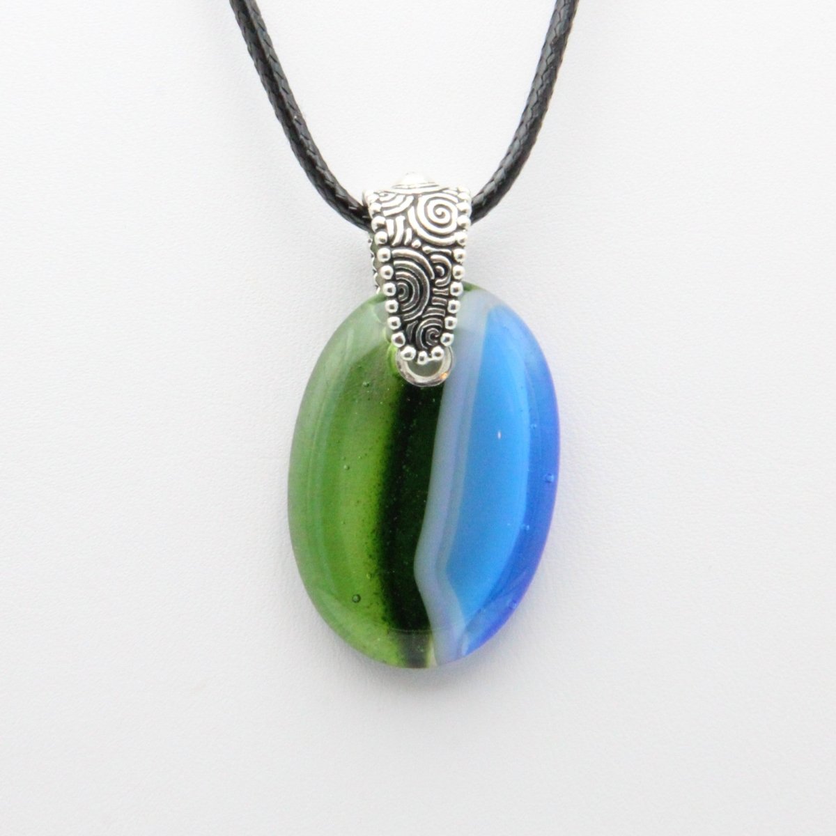Blue and Green Glass Pendant with Silver Accents