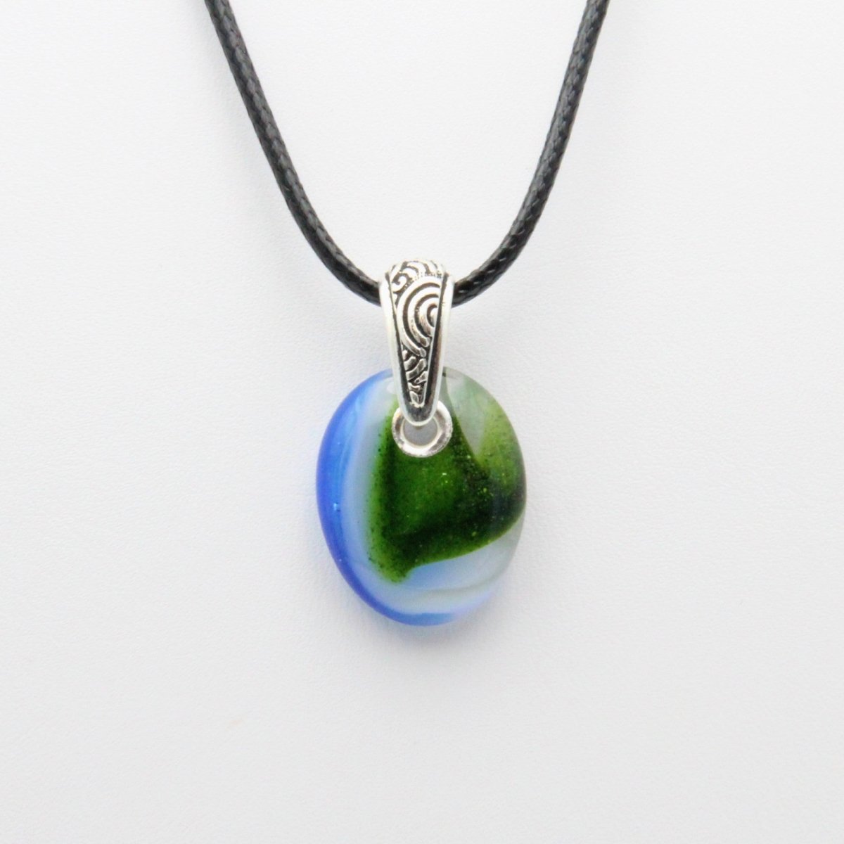 Blue and Green Glass Pendant with Silver Accents