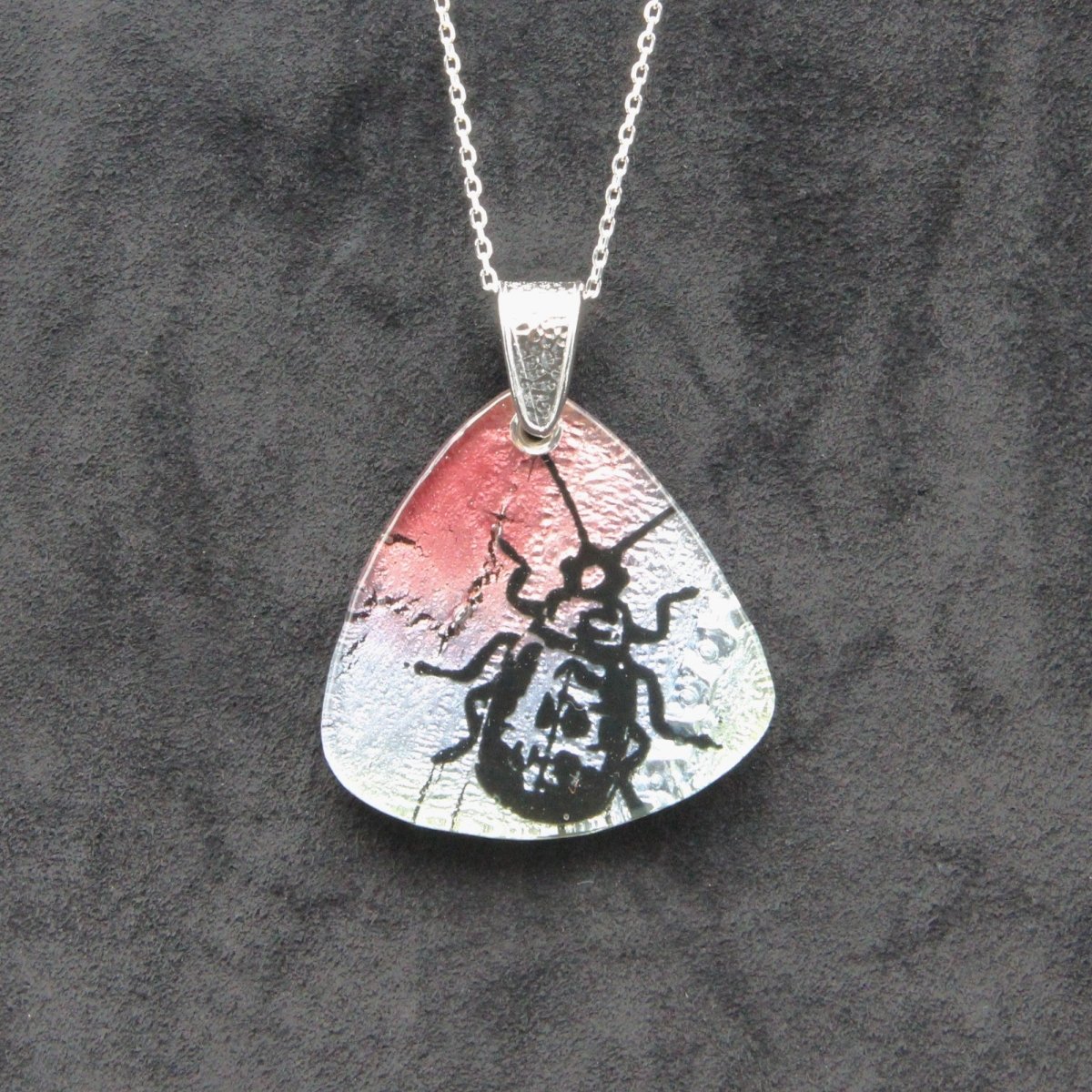 Blue and Pink Beetle Glass Pendant on a Silver Chain