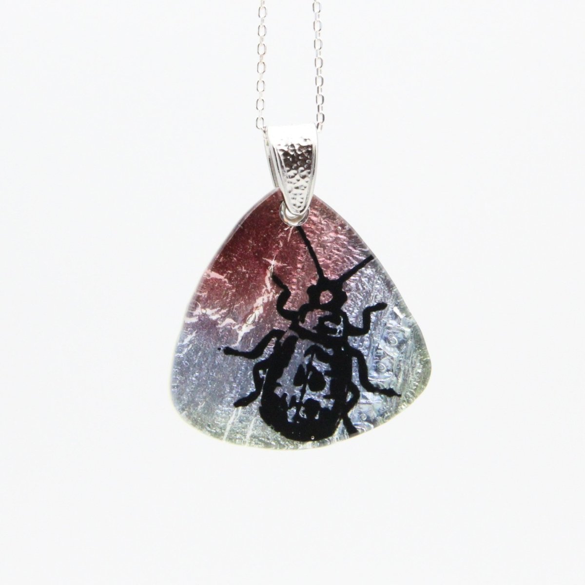 Blue and Pink Beetle Glass Pendant on a Silver Chain