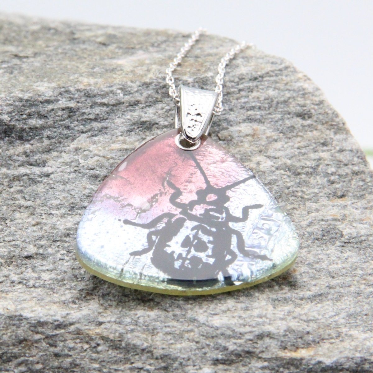 Blue and Pink Beetle Glass Pendant on a Silver Chain