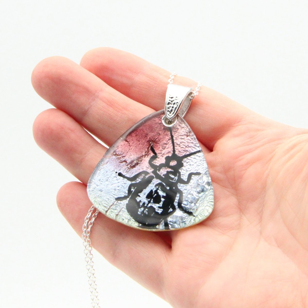 Blue and Pink Beetle Glass Pendant on a Silver Chain