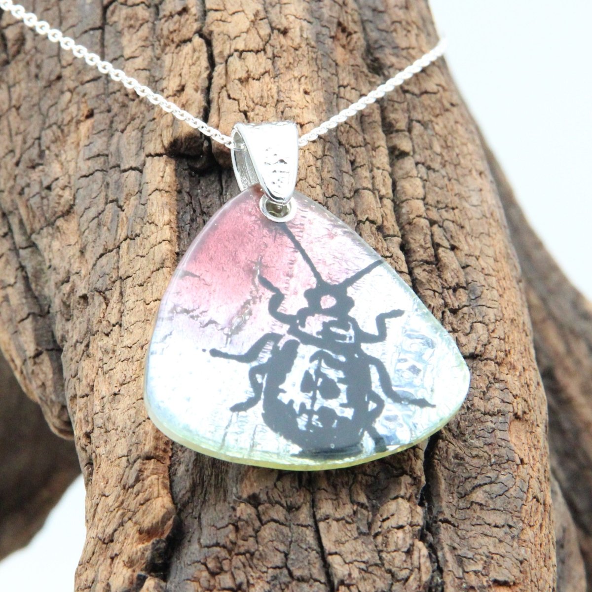 Blue and Pink Beetle Glass Pendant on a Silver Chain