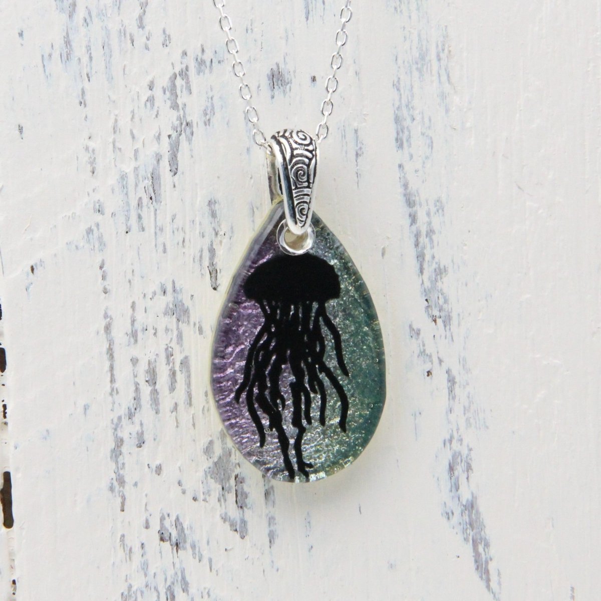 Blue and Pink Jellyfish Glass Pendant on a Silver Chain