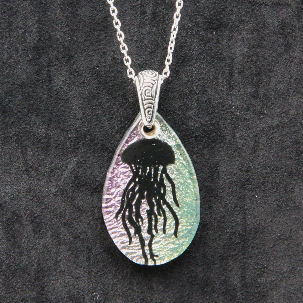 Blue and Pink Jellyfish Glass Pendant on a Silver Chain