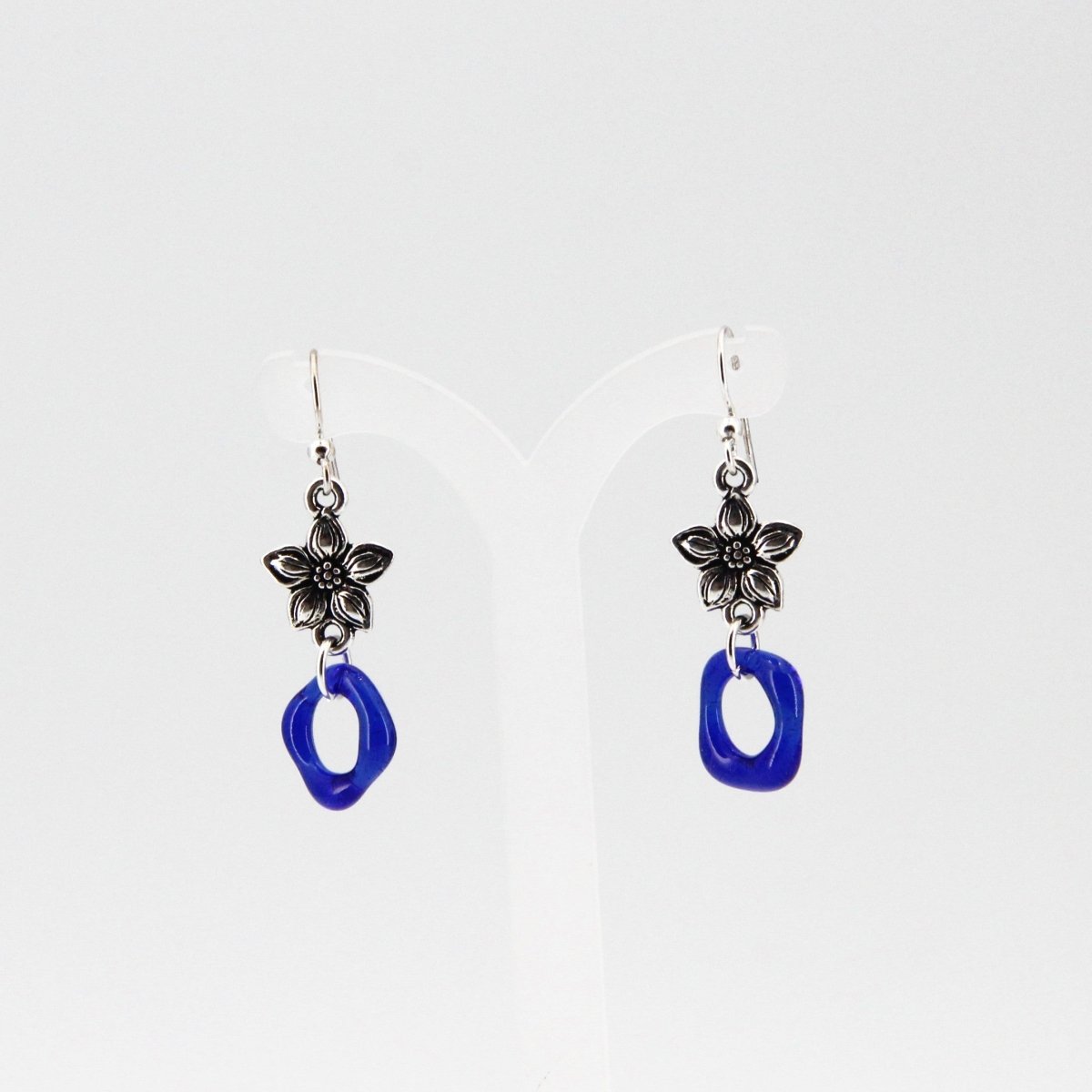 Blue Glass Earrings with Silver Star Jasmine Charm