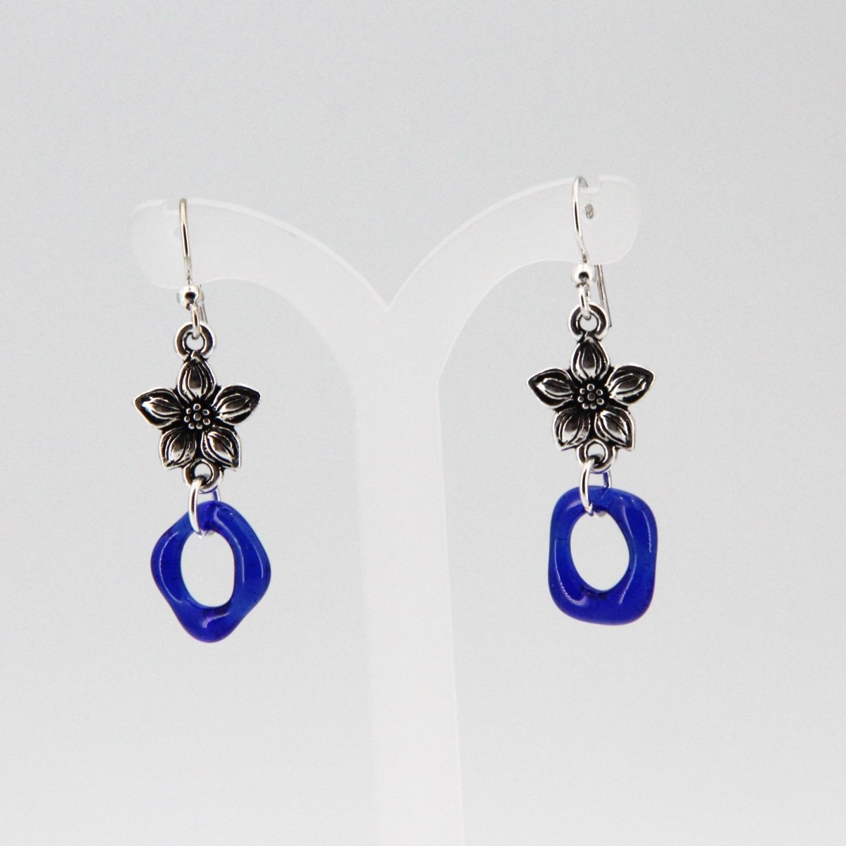 Blue Glass Earrings with Silver Star Jasmine Charm