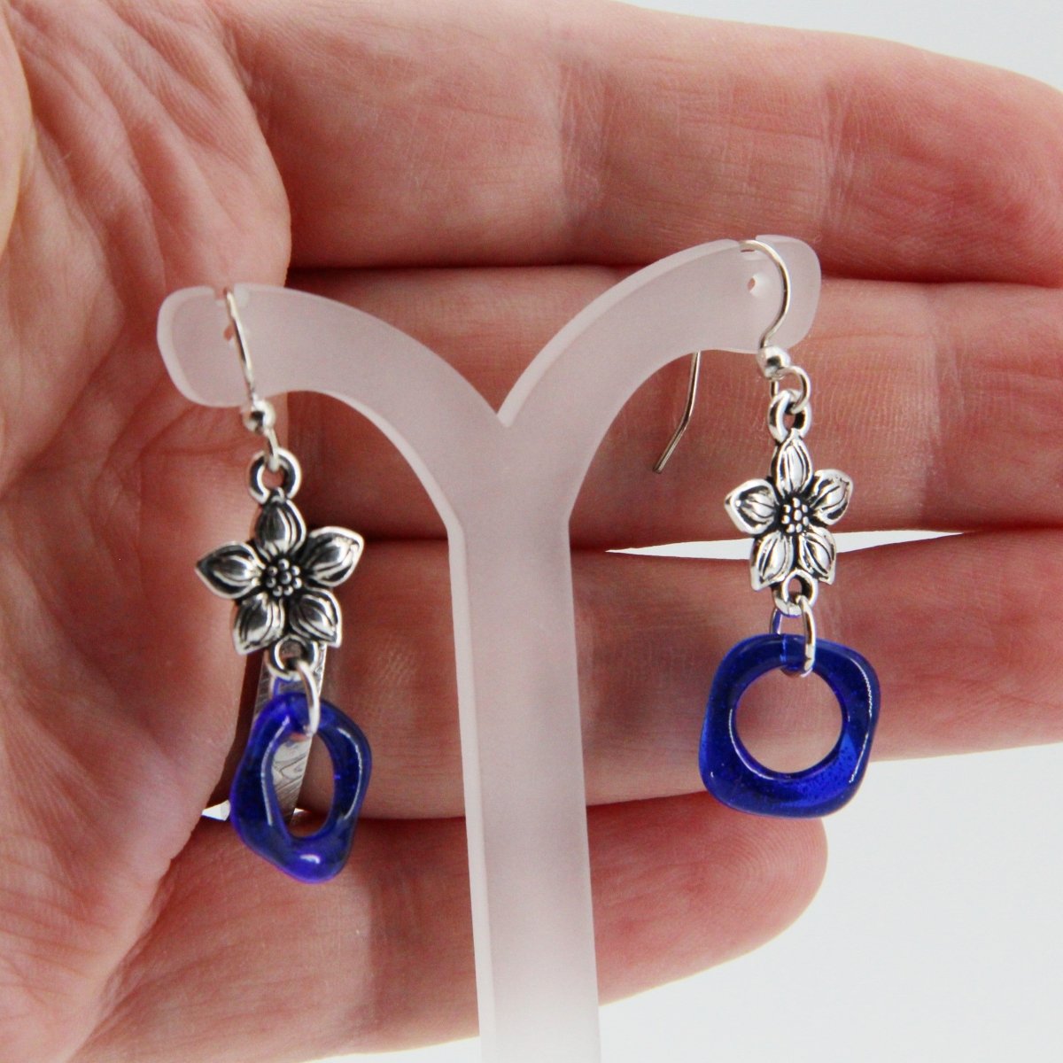 Blue Glass Earrings with Silver Star Jasmine Charm