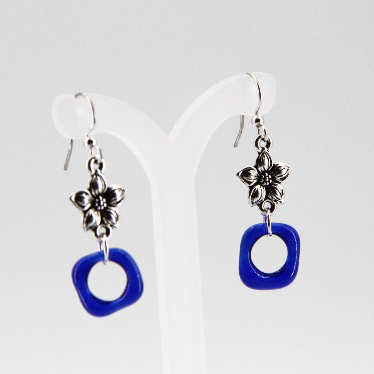 Blue Glass Earrings with Silver Star Jasmine Charm