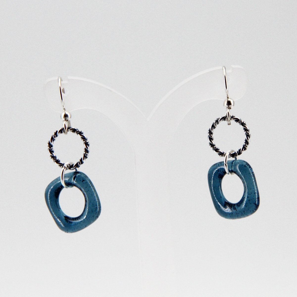 Blue Glass Earrings with Silver Twisted Wire Circle